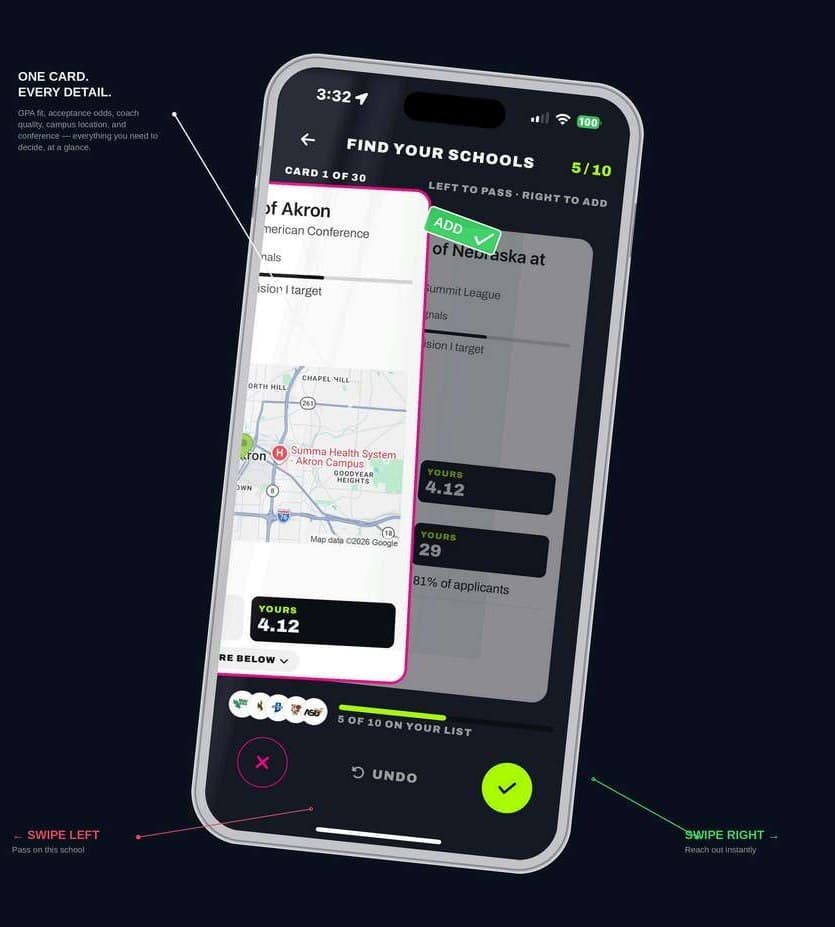 The Athlete Narrative app showing the Find Your Schools card interface