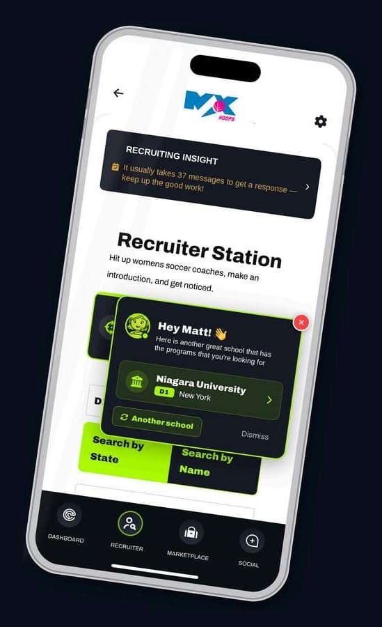 The Athlete Narrative app showing the Recruiter Station with coach outreach prompts