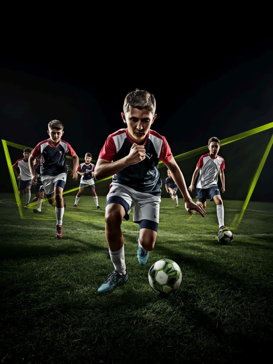 A young soccer player driving forward with the ball under floodlights