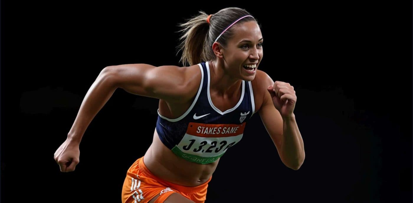 A high school sprinter mid-stride during a track meet